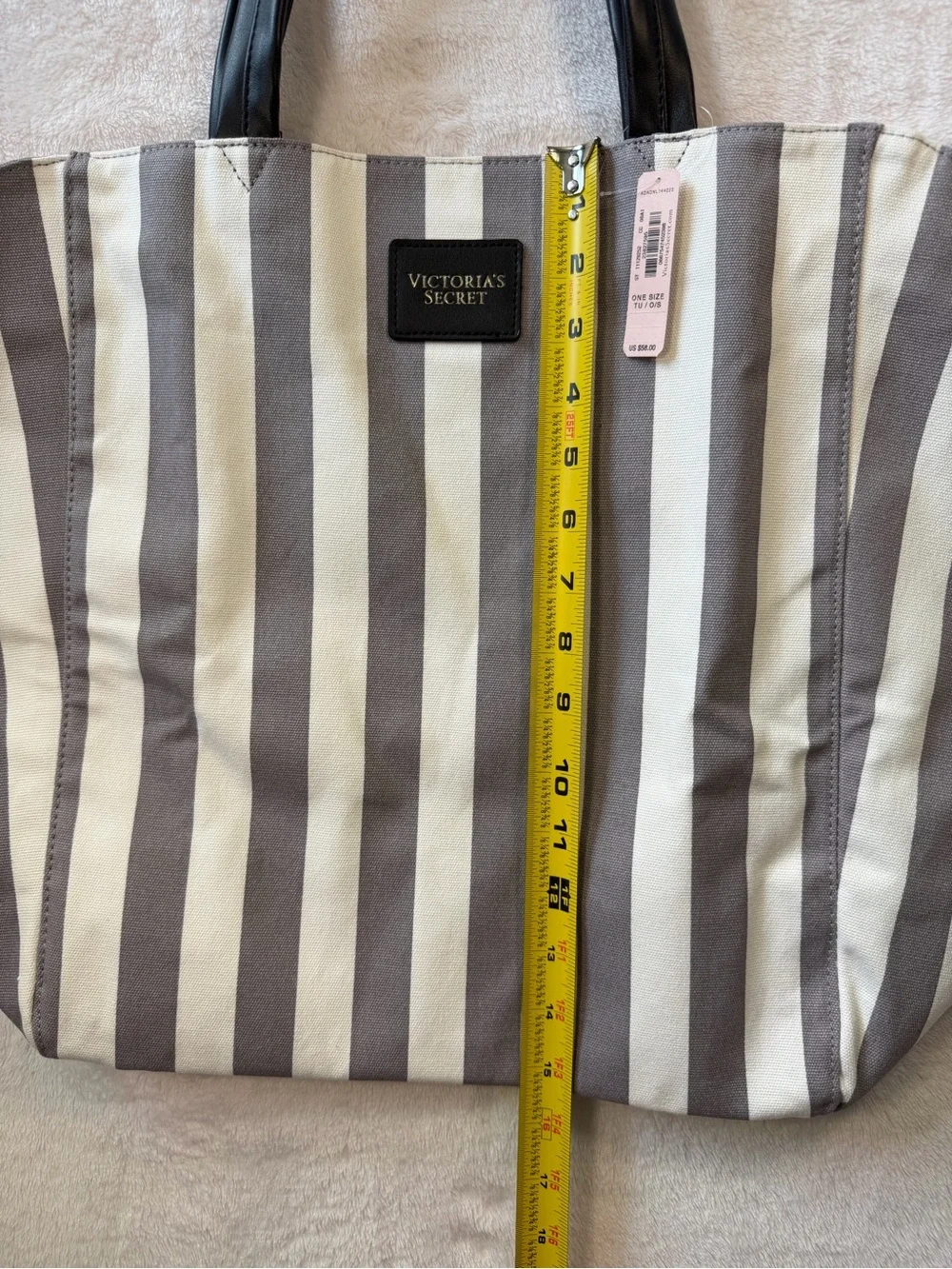 Victoria's Secret Gray and White Striped Canvas Tote with Black Handles NWT